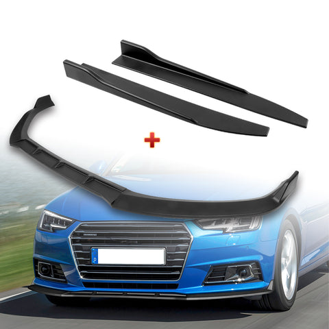 For 2017-2018 Audi A4 B9 STP-Style Matt Black Front Bumper Splitter Spoiler Lip + 31" x 4" Universal Black Car side Skirt Rocker Splitters Diffuser Winglet Wind 5pcs