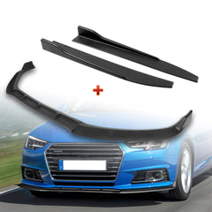 For 2017-2018 Audi A4 B9 STP-Style Matt Black Front Bumper Splitter Spoiler Lip + 31" x 4" Universal Black Car side Skirt Rocker Splitters Diffuser Winglet Wind 5pcs