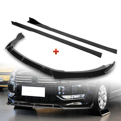 For 2012-2015 Volkswagen VW Passat Sedan Painted Black Front Bumper Spoiler Lip + 59" x 4" Universal Painted Black Side Skirt Extension Rocker Splitters Lip 9pcs