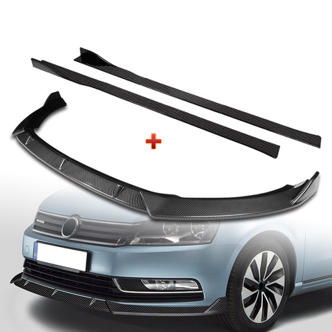 For 2012-2015 Volkswagen VW Passat Sedan Carbon Painted Front Bumper Spoiler Lip + 59" x 4" Universal Carbon Look Side Skirt Extension Rocker Splitters Lip 9pcs