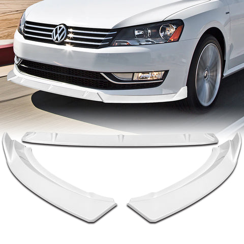 For 2012-2015 Volkswagen VW Passat Sedan Painted White Front Bumper Spoiler Lip + 86" x 4" Universal Painted White Side Skirt Extension Rocker Splitters Lip 9pcs
