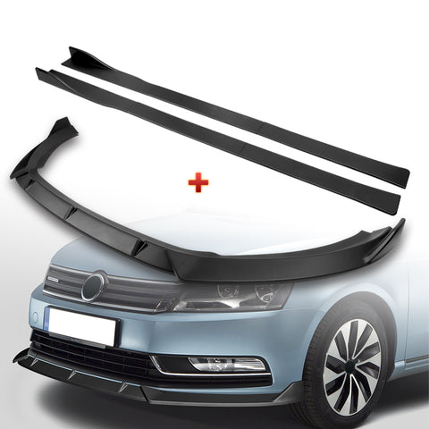 For 2012-2015 Volkswagen VW Passat Sedan Matt Black Front Bumper Spoiler Lip + 59" x 4" Universal Black Side Skirt Extension Rocker Splitters Diffuser Lip 9pcs