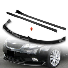 For 2010-2013 Kia Forte STP-Style Painted BLK Front Bumper Splitter Spoiler Lip + 59" x 4" Universal Painted Black Side Skirt Extension Rocker Splitters Lip 9pcs