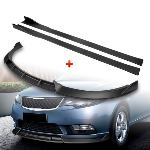 For 2010-2013 Kia Forte STP-Style Matt Black Front Bumper Splitter Spoiler Lip + 59" x 4" Universal Black Side Skirt Extension Rocker Splitters Diffuser Lip 9pcs