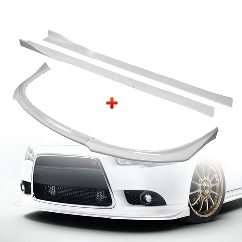 For 2009-2015 Lancer GT GTS RA-Style Painted White Front Bumper Body Spoiler Lip + 86" x 4" Universal Painted White Side Skirt Extension Rocker Splitters Lip  9pcs