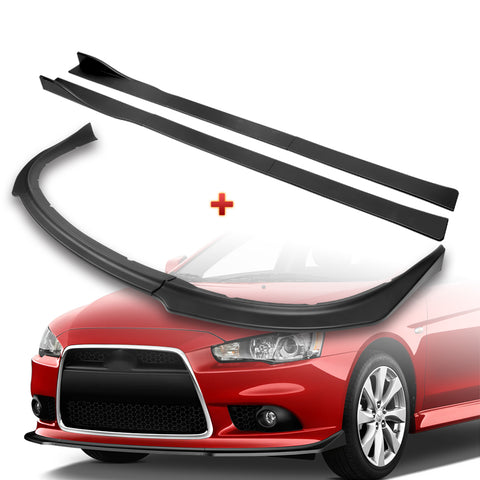 For 2009-2015 Lancer GT GTS RA-Style Matt Black Front Bumper Body Spoiler Lip + 59" x 4" Universal Black Side Skirt Extension Rocker Splitters Diffuser Lip  9pcs