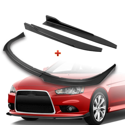 For 2009-2015 Lancer GT GTS RA-Style Matt Black Front Bumper Body Spoiler Lip + 31" x 4" Universal Black Car side Skirt Rocker Splitters Diffuser Winglet Wind  5 pcs