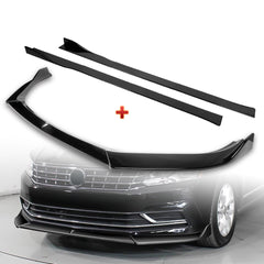 For 2016-2019 Volkswagen Passat Painted Black Front Bumper Splitter Spoiler Lip + 59" x 4" Universal Painted Black Side Skirt Extension Rocker Splitters Lip
