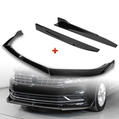 For 2016-2019 Volkswagen Passat Painted Black Front Bumper Splitter Spoiler Lip + 31"x4" Universal Painted Black Side Skirt Rocker Splitters Diffuser Winglet Wind