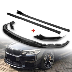 For 2017-2020 BMW 5-Series G30 M-Sport Painted Black Front Bumper Spoiler Lip + 59" x 4" Universal Painted Black Side Skirt Extension Rocker Splitters Lip