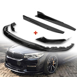 For 2017-2020 BMW 5-Series G30 M-Sport Painted Black Front Bumper Spoiler Lip + 31"x4" Universal Painted Black Side Skirt Rocker Splitters Diffuser Winglet Wind