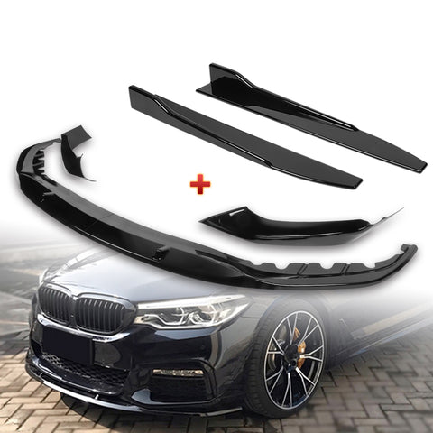 For 2017-2020 BMW 5-Series G30 M-Sport Painted Black Front Bumper Spoiler Lip + 31"x4" Universal Painted Black Side Skirt Rocker Splitters Diffuser Winglet Wind