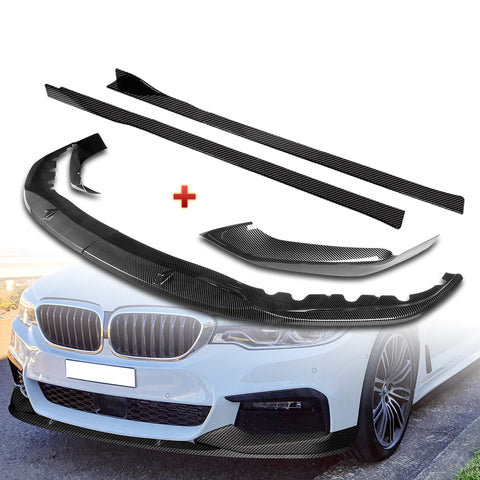 For 2017-2020 BMW 5-Series G30 M-Sport Carbon Look Front Bumper Body Spoiler Lip + 59" x 4" Universal Carbon Look Side Skirt Extension Rocker Splitters Lip
