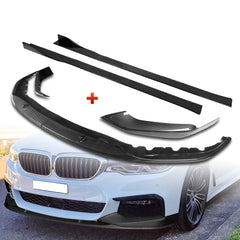 For 2017-2020 BMW 5-Series G30 M-Sport Carbon Look Front Bumper Body Spoiler Lip + 59" x 4" Universal Carbon Look Side Skirt Extension Rocker Splitters Lip