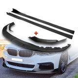For 2017-2020 BMW 5-Series G30 M-Sport Matt Black Front Bumper Body Spoiler Lip + 59" x 4" Universal Black Side Skirt Extension Rocker Splitters Diffuser Lip