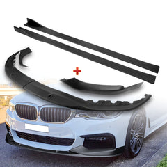For 2017-2020 BMW 5-Series G30 M-Sport Matt Black Front Bumper Body Spoiler Lip + 59" x 4" Universal Black Side Skirt Extension Rocker Splitters Diffuser Lip
