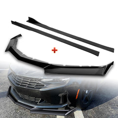For 2016-2022 Chevy Camaro 1LE-Style Painted Black Front Bumper Body Spoiler Lip + 59" x 4" Universal Painted Black Side Skirt Extension Rocker Splitters Lip 9pcs