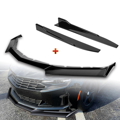 For 2016-2022 Chevy Camaro 1LE-Style Painted Black Front Bumper Body Spoiler Lip + 31"x4" Universal Painted Black Side Skirt Rocker Splitters Diffuser Winglet Wind  5pcs