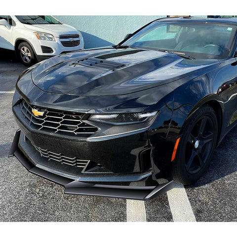 For 2016-2022 Chevy Camaro 1LE-Style Painted Black Front Bumper Body Spoiler Lip + 31"x4" Universal Painted Black Side Skirt Rocker Splitters Diffuser Winglet Wind  5pcs