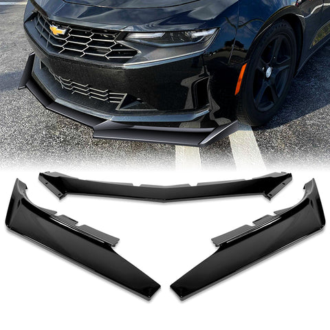 For 2016-2022 Chevy Camaro 1LE-Style Painted Black Front Bumper Body Spoiler Lip + 31"x4" Universal Painted Black Side Skirt Rocker Splitters Diffuser Winglet Wind  5pcs