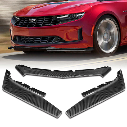 For 2016-2022 Chevy Camaro 1LE-Style Carbon Look Front Bumper Body Spoiler Lip + 31"x4" Universal Carbon Style Side Skirt Rocker Splitters Diffuser Winglet Wind  5pcs