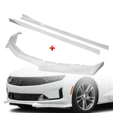 For 2016-2022 Chevy Camaro 1LE-Style Painted White Front Bumper Body Spoiler Lip + 86" x 4" Universal Painted White Side Skirt Extension Rocker Splitters Lip 9pcs