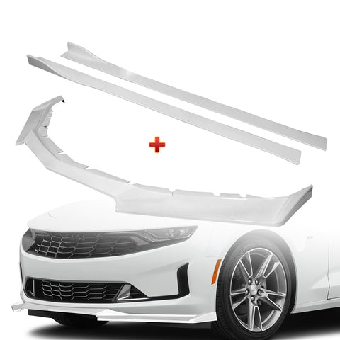 For 2016-2022 Chevy Camaro 1LE-Style Painted White Front Bumper Body Spoiler Lip + 86" x 4" Universal Painted White Side Skirt Extension Rocker Splitters Lip 9pcs