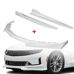 For 2016-2022 Chevy Camaro 1LE-Style Painted White Front Bumper Body Spoiler Lip + 31"x4" Universal Painted White Side Skirt Rocker Splitters Diffuser Winglet Wind  5pcs