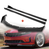 For 2016-2022 Chevy Camaro 1LE-Style Matt Black Front Bumper Body Spoiler Lip + 59" x 4" Universal Black Side Skirt Extension Rocker Splitters Diffuser Lip 9pcs