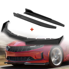 For 2016-2022 Chevy Camaro 1LE-Style Matt Black Front Bumper Body Spoiler Lip + 31" x 4" Universal Black Car side Skirt Rocker Splitters Diffuser Winglet Wind  5pcs