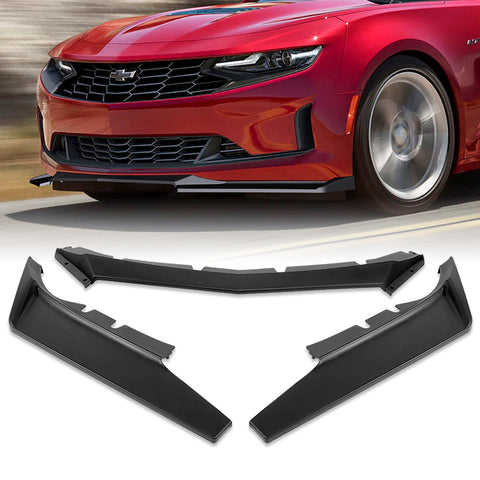 For 2016-2022 Chevy Camaro 1LE-Style Matt Black Front Bumper Body Spoiler Lip + 59" x 4" Universal Black Side Skirt Extension Rocker Splitters Diffuser Lip 9pcs