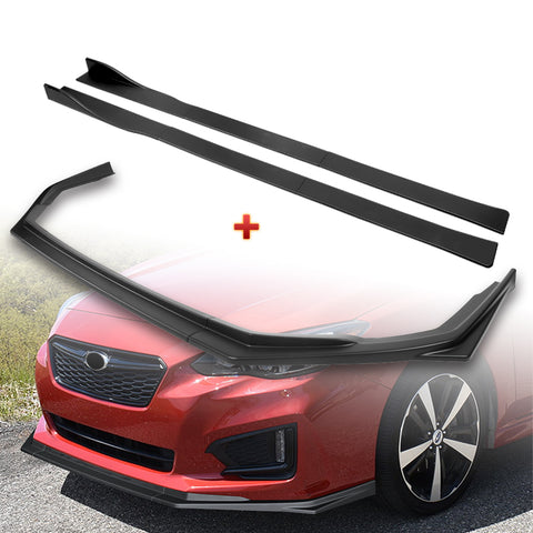 For 2017-2019 Subaru Impreza ST-Style Matt Black Front Bumper Spoiler Lip 3pcs + 86" x 4" Universal Black Side Skirt Extension Rocker Splitters Diffuser Lip 9pcs