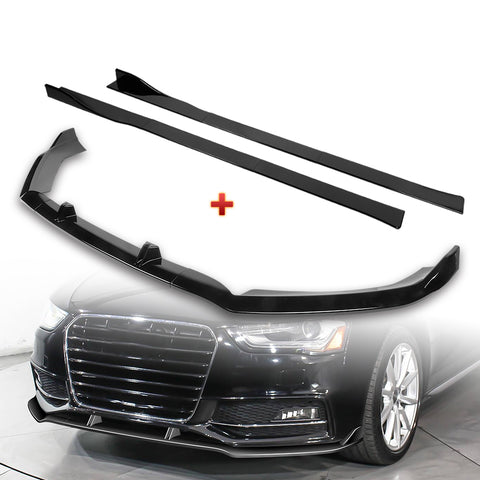 For 2013-2016 Audi A4 Quattro S4 Painted Black Front Bumper Splitter Spoiler Lip + 59" x 4" Universal Painted Black Side Skirt Extension Rocker Splitters Lip 9pcs