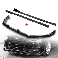 For 2013-2016 Audi A4 Quattro S4 Painted Black Front Bumper Splitter Spoiler Lip + 59" x 4" Universal Painted Black Side Skirt Extension Rocker Splitters Lip 9pcs