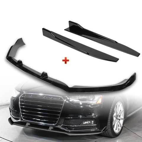 For 2013-2016 Audi A4 Quattro S4 Painted Black Front Bumper Splitter Spoiler Lip + 31"x4" Universal Painted Black Side Skirt Rocker Splitters Diffuser Winglet Wind  5pcs