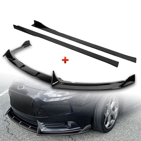 For 2012-2014 Ford Focus ST MK3 GT-Style Painted Black Front Bumper Spoiler Lip + 86" x 4" Universal Painted Black Side Skirt Extension Rocker Splitters Lip 9pcs