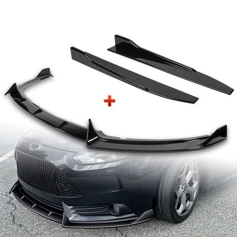 For 2012-2014 Ford Focus ST MK3 GT-Style Painted Black Front Bumper Spoiler Lip + 31"x4" Universal Painted Black Side Skirt Rocker Splitters Diffuser Winglet Wind  5pcs