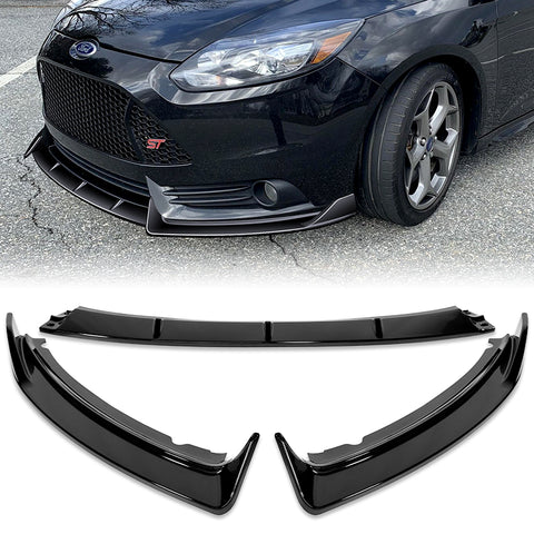For 2012-2014 Ford Focus ST MK3 GT-Style Painted Black Front Bumper Spoiler Lip + 31"x4" Universal Painted Black Side Skirt Rocker Splitters Diffuser Winglet Wind  5pcs