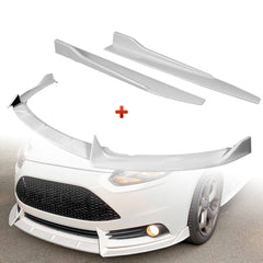For 2012-2014 Ford Focus ST MK3 GT-Style Painted White Front Bumper Spoiler Lip + 31"x4" Universal Painted White Side Skirt Rocker Splitters Diffuser Winglet Wind  5pcs