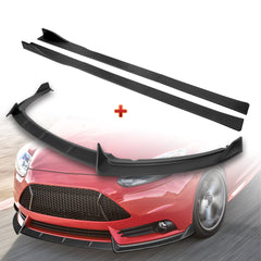For 2012-2014 Ford Focus ST MK3 GT-Style Matt Black Front Bumper Spoiler Lip + 86" x 4" Universal Black Side Skirt Extension Rocker Splitters Diffuser Lip 9pcs