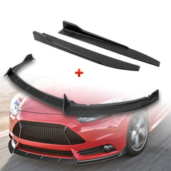 For 2012-2014 Ford Focus ST MK3 GT-Style Matt Black Front Bumper Spoiler Lip + 31" x 4" Universal Black Car side Skirt Rocker Splitters Diffuser Winglet Wind  5pcs