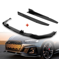 For 2020-2022 Audi A5 S5 S-Line Painted Black Front Bumper Spoiler Splitter Lip + 31"x4" Universal Painted Black Side Skirt Rocker Splitters Diffuser Winglet Wind  5pcs