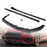 For 2020-2022 Audi A5 S5 S-Line Carbon Painted Front Bumper Spoiler Splitter Lip + 59" x 4" Universal Carbon Look Side Skirt Extension Rocker Splitters Lip 9pcs