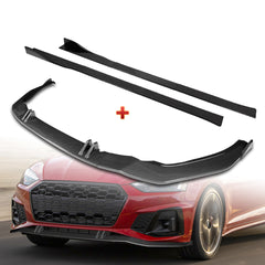 For 2020-2022 Audi A5 S5 S-Line Carbon Painted Front Bumper Spoiler Splitter Lip + 59" x 4" Universal Carbon Look Side Skirt Extension Rocker Splitters Lip 9pcs