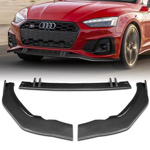 For 2020-2022 Audi A5 S5 S-Line Carbon Painted Front Bumper Spoiler Splitter Lip + 59" x 4" Universal Carbon Look Side Skirt Extension Rocker Splitters Lip 9pcs