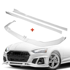 For 2020-2022 Audi A5 S5 S-Line Painted White Front Bumper Spoiler Splitter Lip + 86" x 4" Universal Painted White Side Skirt Extension Rocker Splitters Lip 9pcs