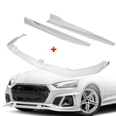 For 2020-2022 Audi A5 S5 S-Line Painted White Front Bumper Spoiler Splitter Lip + 31"x4" Universal Painted White Side Skirt Rocker Splitters Diffuser Winglet Wind  5pcs
