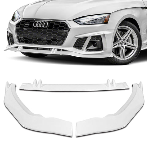 For 2020-2022 Audi A5 S5 S-Line Painted White Front Bumper Spoiler Splitter Lip + 86" x 4" Universal Painted White Side Skirt Extension Rocker Splitters Lip 9pcs