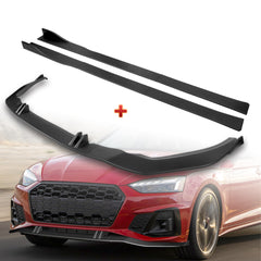 For 2020-2022 Audi A5 S5 S-Line Painted Black Front Bumper Spoiler Splitter Lip + 59" x 4" Universal Painted Black Side Skirt Extension Rocker Splitters Lip 9pcs