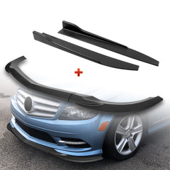 For 2008-2011 Mercedes C-Class Sport W204 Matt Black Front Bumper Spoiler Lip + 31" x 4" Universal Black Car side Skirt Rocker Splitters Diffuser Winglet Wind 5pcs